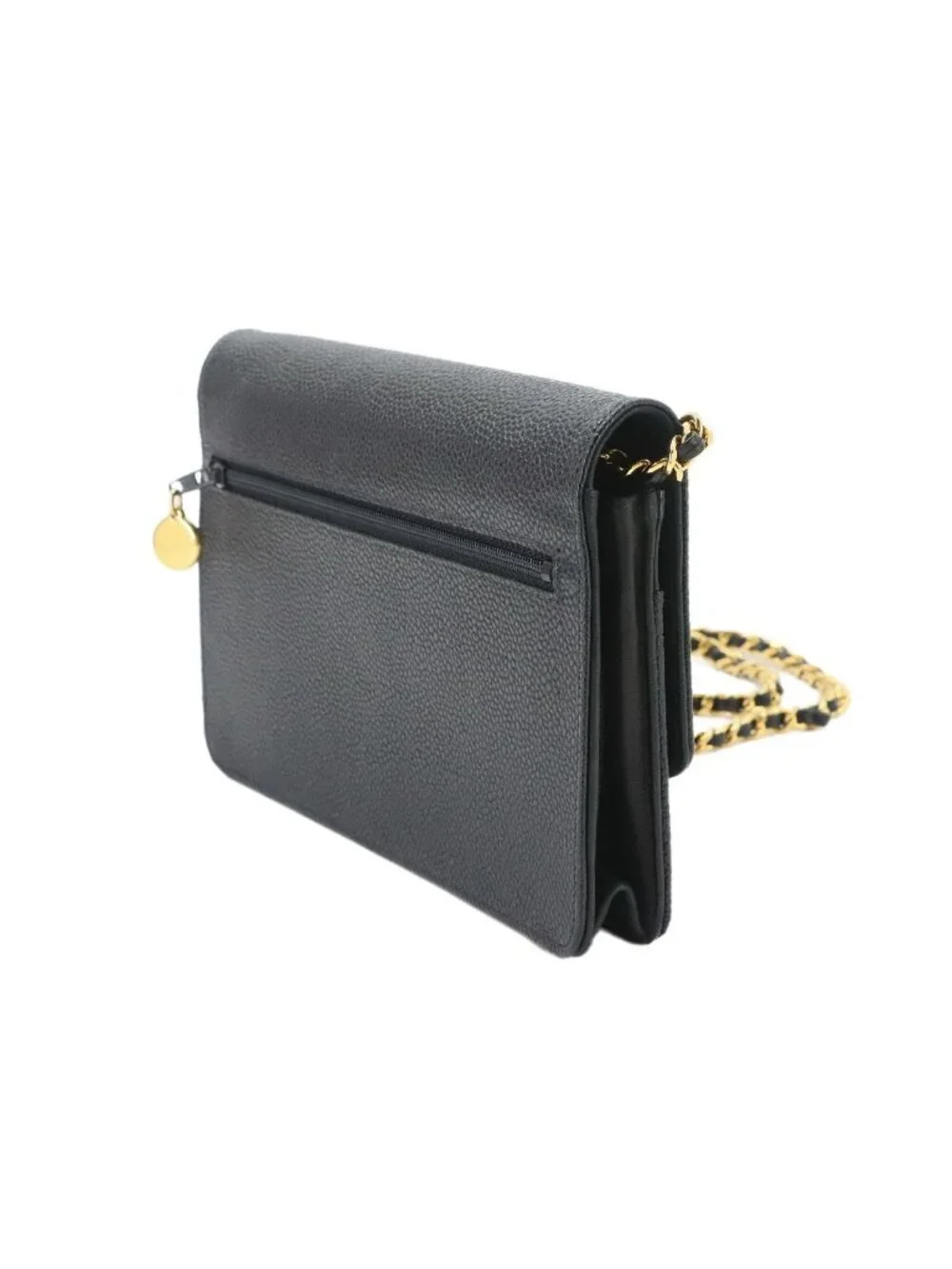 Chanel Caviar Leather Chain Wallet Black CC Logo Gold Shoulder
